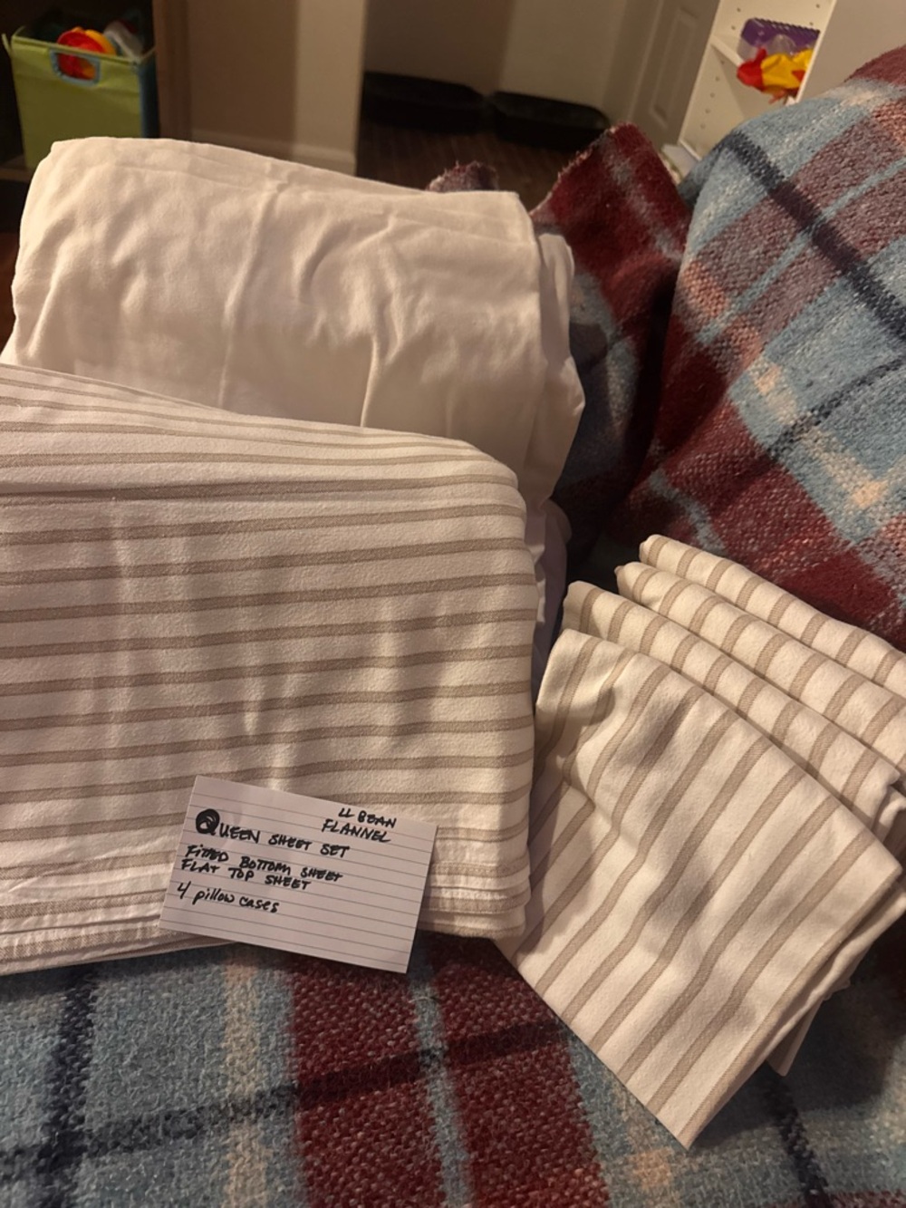 L.L. Bean Cream and Taupe Striped Flannel Queen Sheet Set